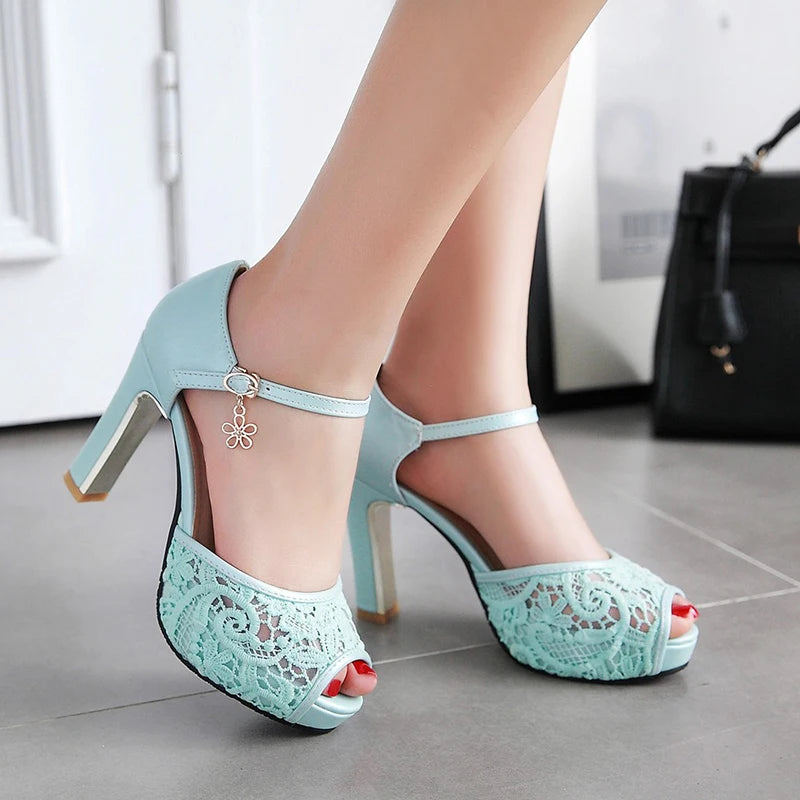 Women’s Summer Lace Mesh Fish Mouth High Heels – Elegant Lady’s Sandals