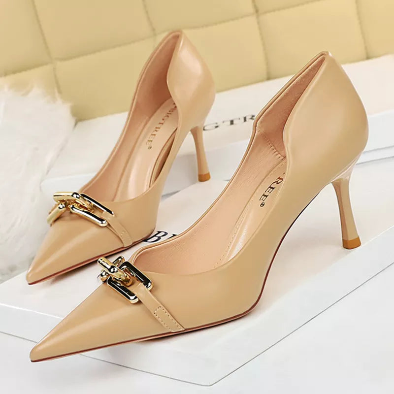 Elegant Kitten Heels with Metal Button – Chic Banquet Stilettos in Size 41-43