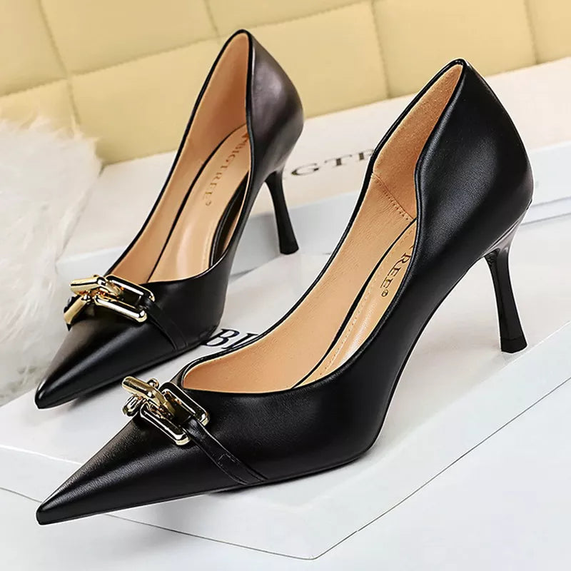 Elegant Kitten Heels with Metal Button – Chic Banquet Stilettos in Size 41-43