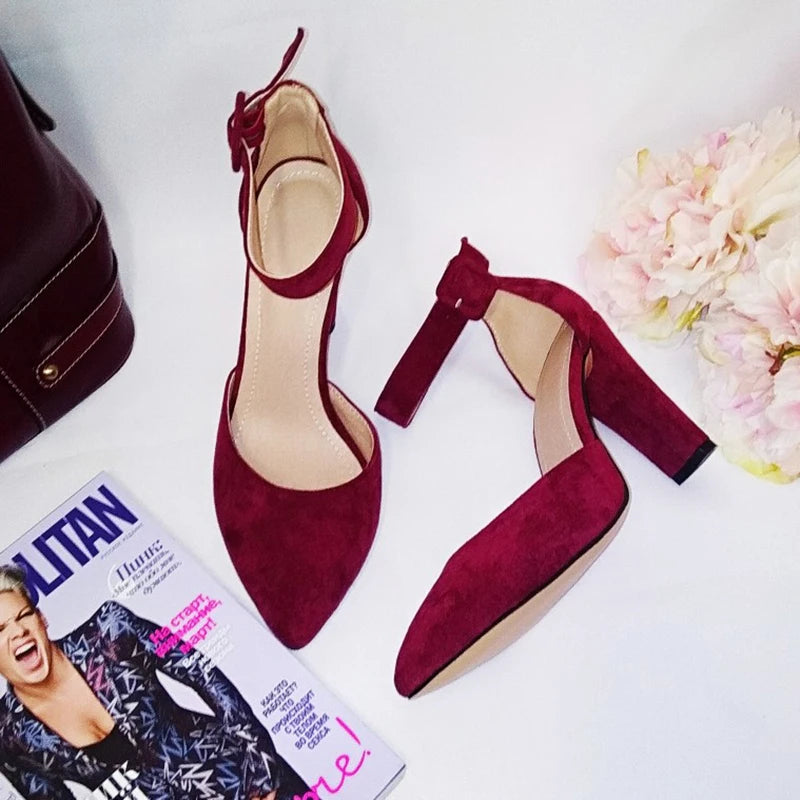 Fashionable Red Wine Pumps – Square High Heel Pointed Toe Ladies Shoes