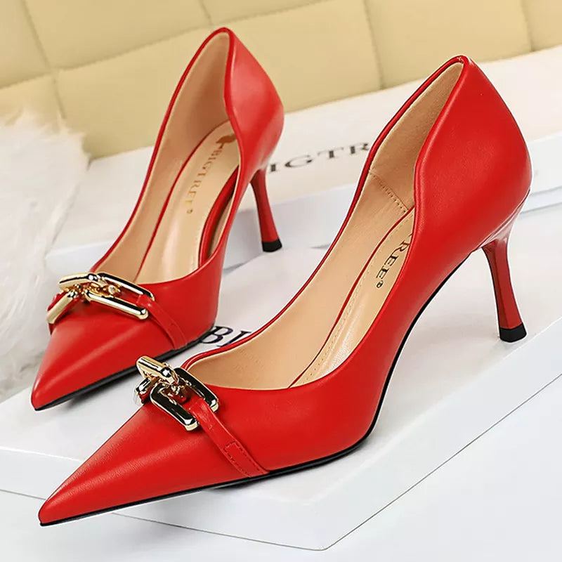 Elegant Kitten Heels with Metal Button – Chic Banquet Stilettos in Size 41-43