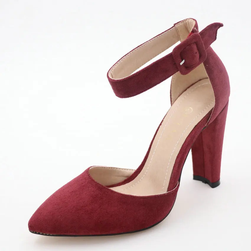 Fashionable Red Wine Pumps – Square High Heel Pointed Toe Ladies Shoes